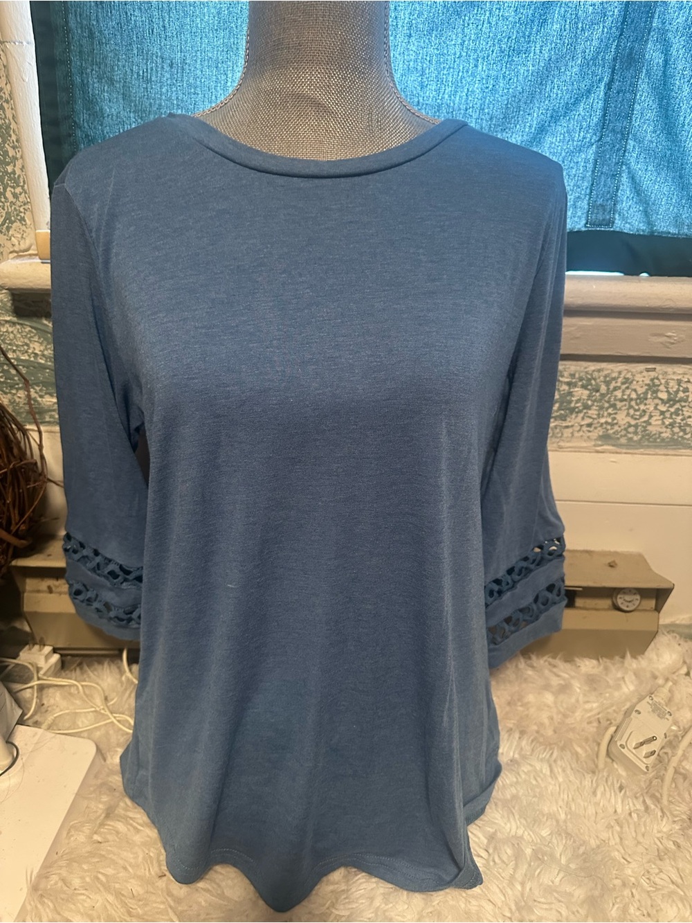 SHEIN Blue 3/4 Sleeve Lace-Trim Top